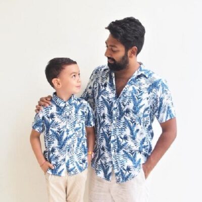 Father & Son Matching Shirts – Blue Leaves